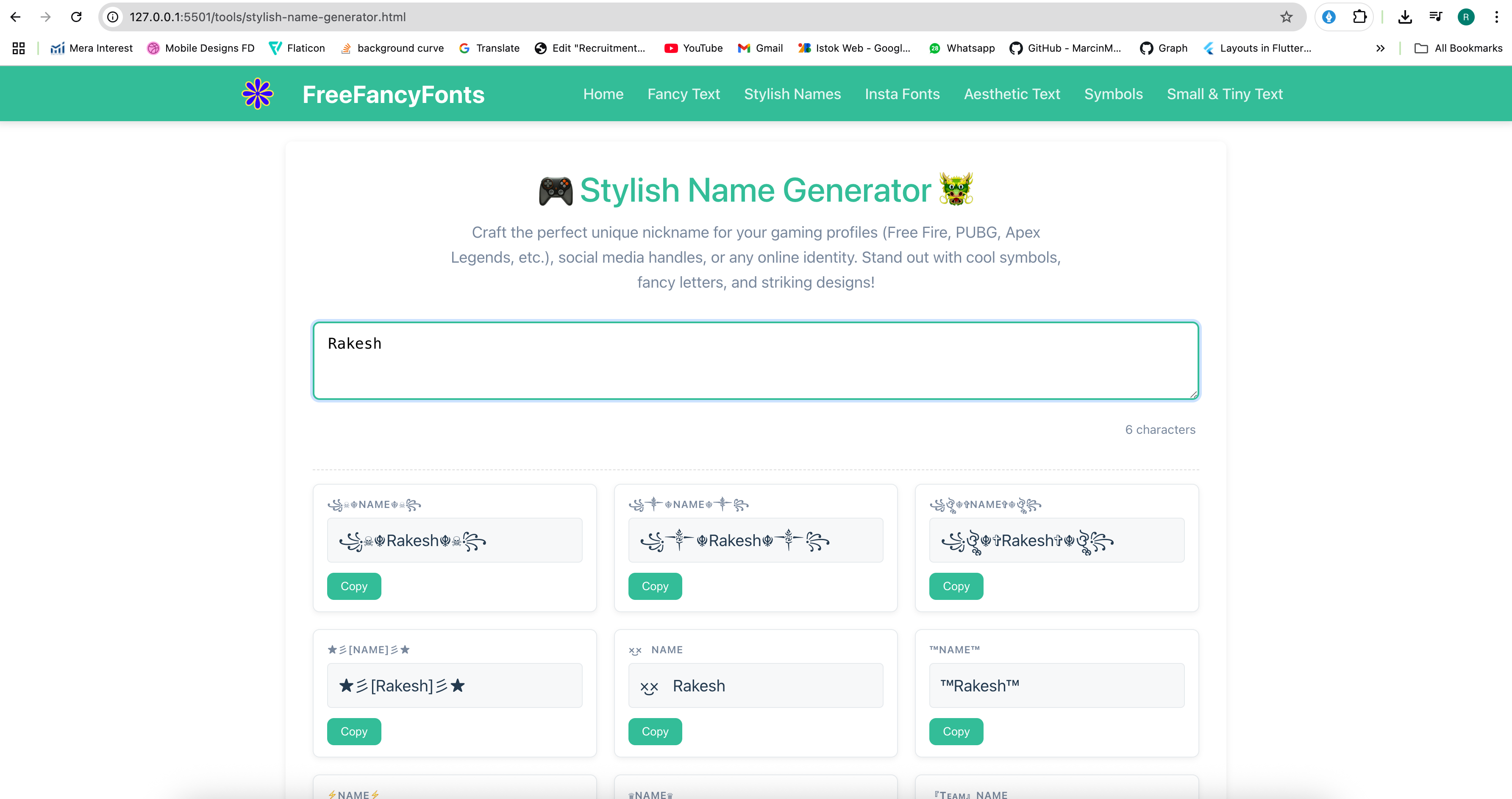 A screenshot of the fancy text generator tool with text entered and many styled outputs.