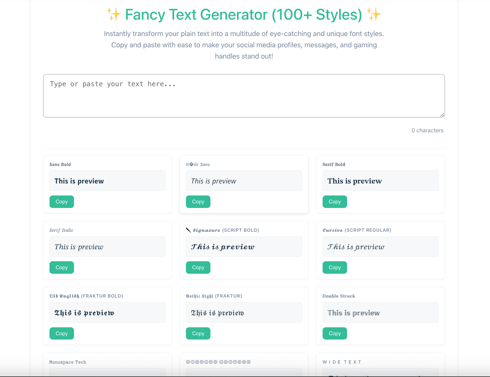 Screenshot showing the fancy text generator with text entered and various styled outputs
