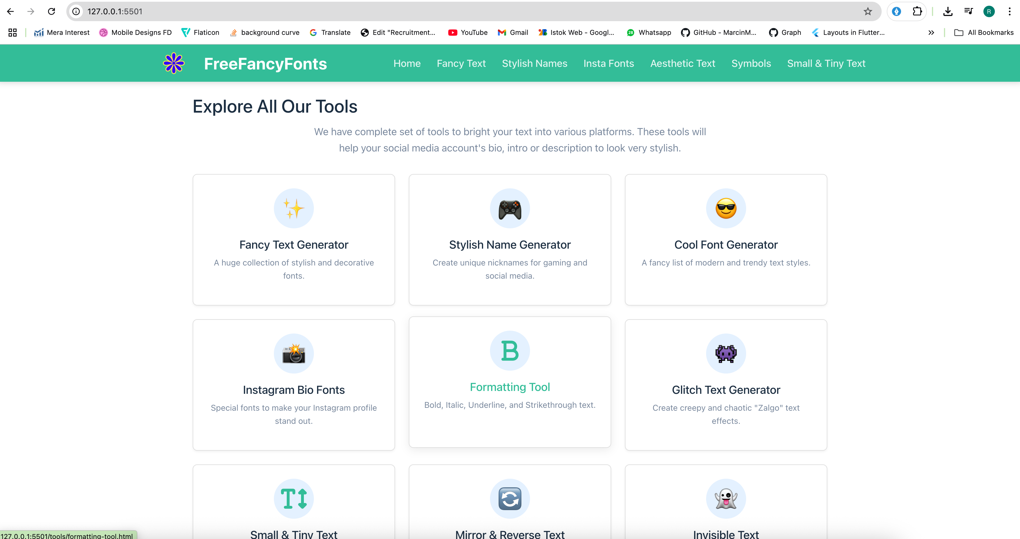 A screenshot of the FreeFancyFonts homepage showing the grid of available text tools.